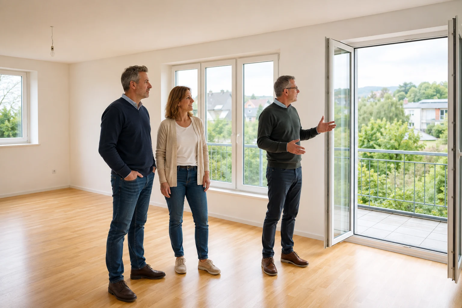 Kaufinteressenten besichtigen mit einem Berater eine größere helle Wohnung